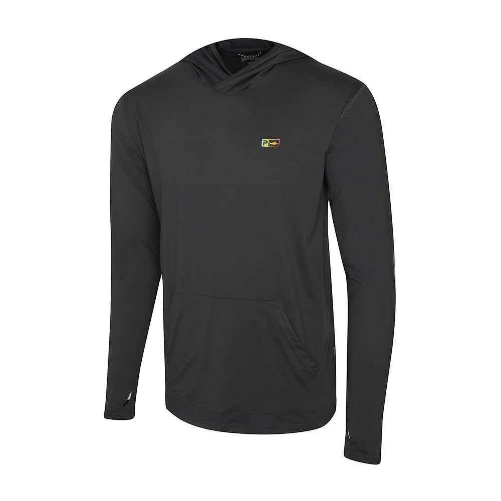 Dogfish Tackle & Marine black long-sleeve hooded performance shirt with kangaroo pocket and thumbholes, made from recycled polyester and elastane.