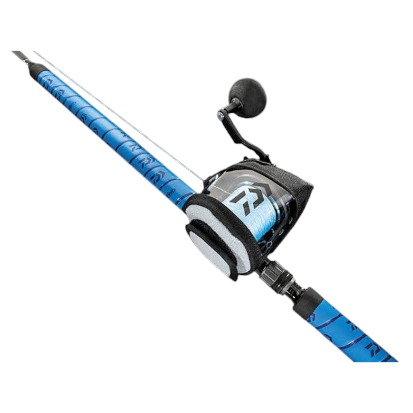 Dogfish Tackle & Marine Daiwa D-Vec tactical reel cover with clear isinglass window on a blue fishing rod