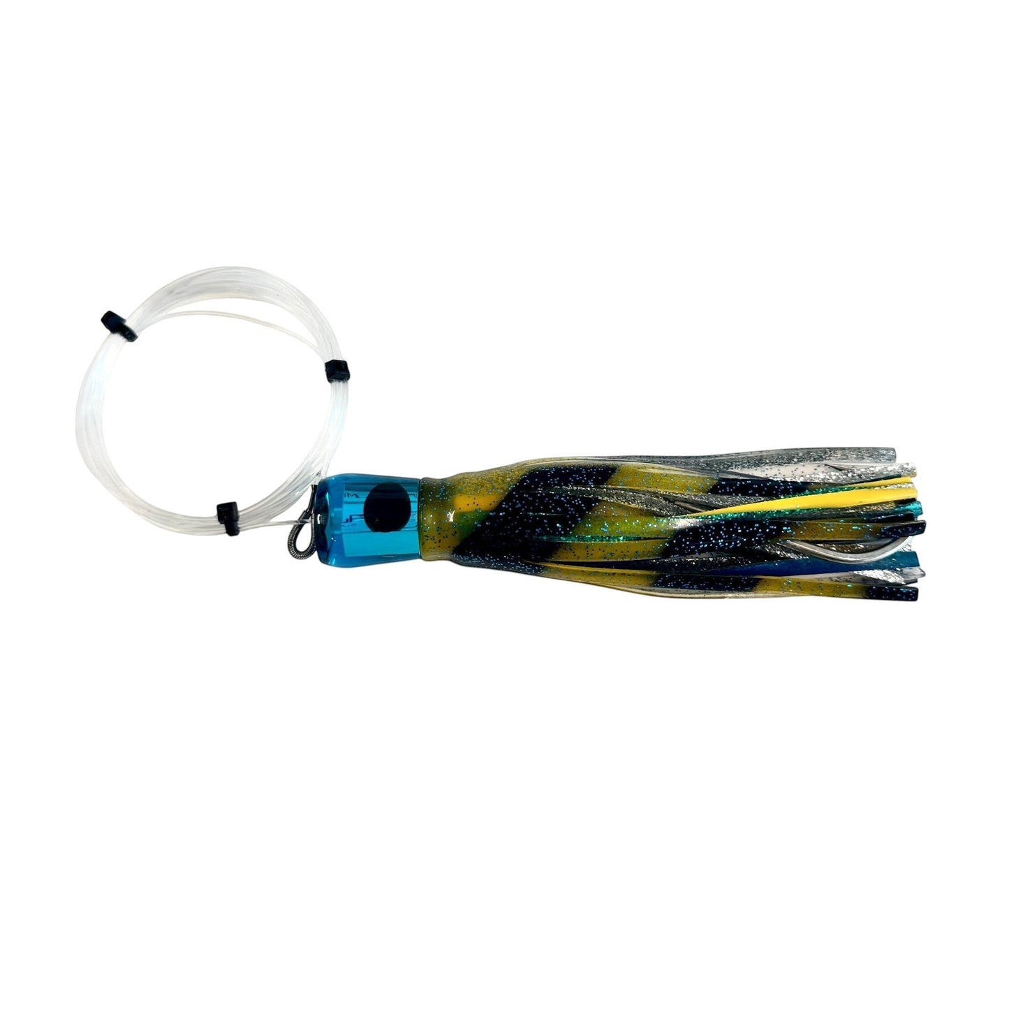 Dogfish Tackle & Marine pre-rigged Mutha Chugga trolling lure with blue head and multi-colored skirt for offshore fishing