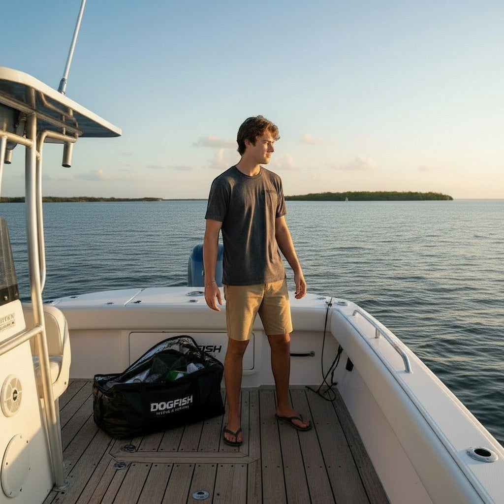 Dogfish Tackle & Marine grey poly cotton jersey short sleeve t-shirt with octopus logo, worn by a young man fishing on a boat.