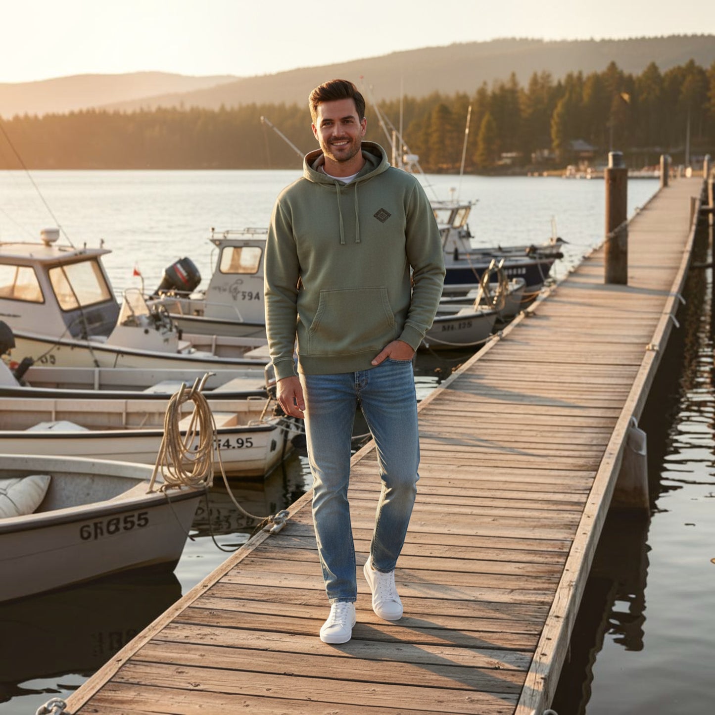 Man wearing a Dogfish Tackle & Marine olive green pigment-dyed fleece hoodie on a wooden dock by the water.