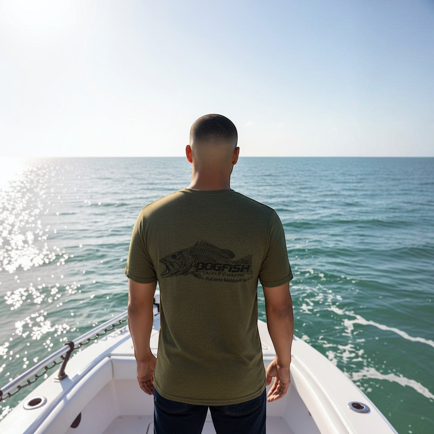Dogfish Tackle & Marine olive green heather short sleeve t-shirt with skeleton fish graphic on back.