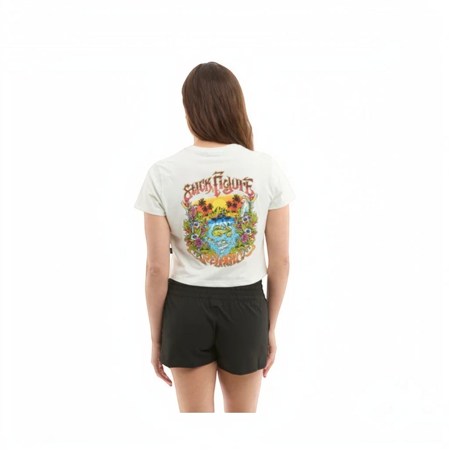 Dogfish Tackle & Marine white cropped t-shirt with a colorful graphic print on the back featuring a beach scene and "Stick Figure" text.