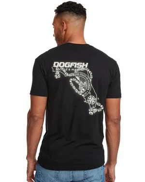 Person wearing a black t-shirt with 'Dogfish' branding on the back, standing against a white background.