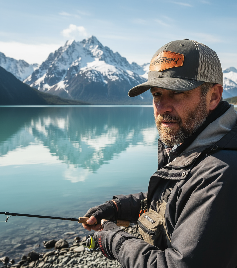 Dogfish Leather Tarpon Patch Premium Trucker Hat - Dogfish Tackle & Marine