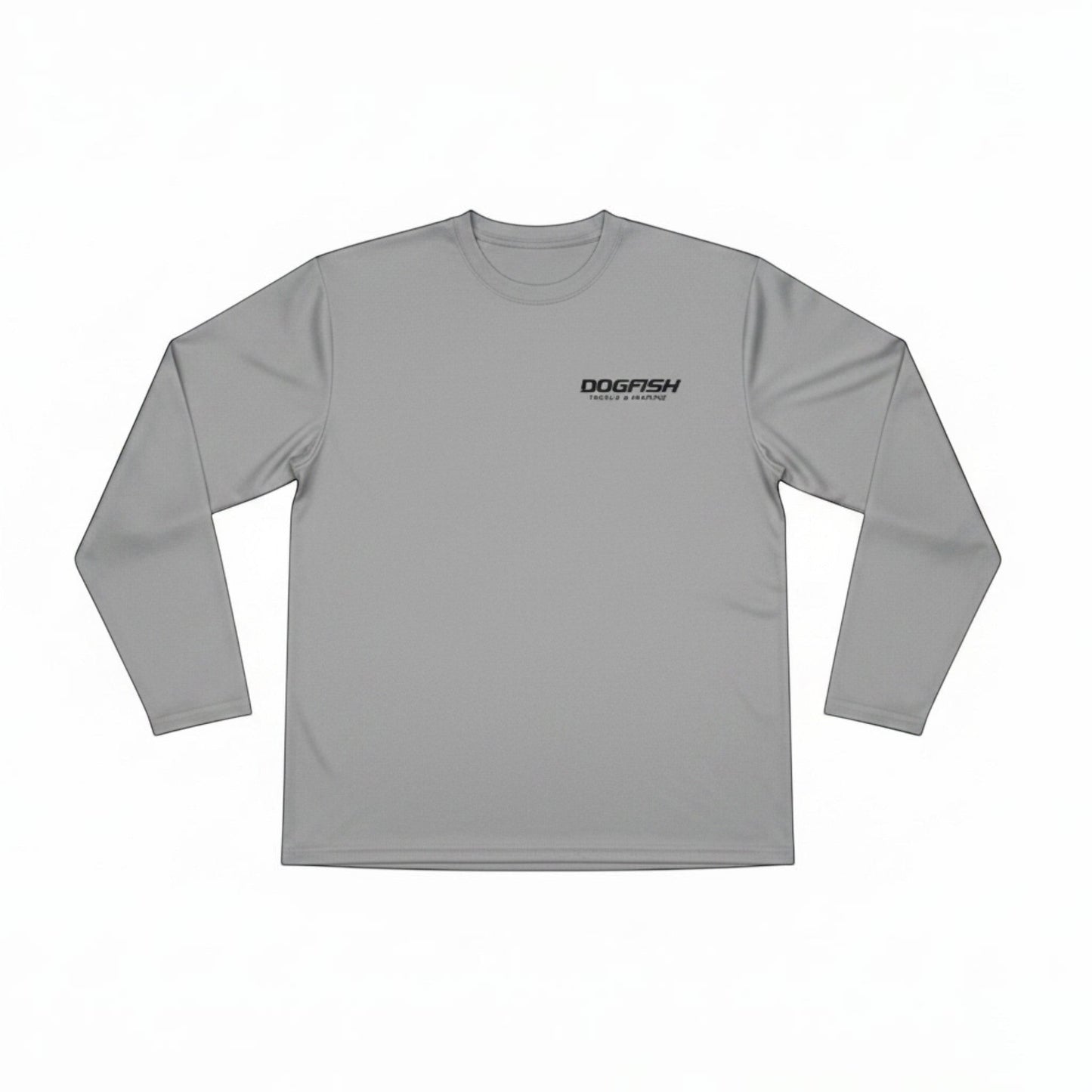 Gray long-sleeve shirt with a logo on a white background