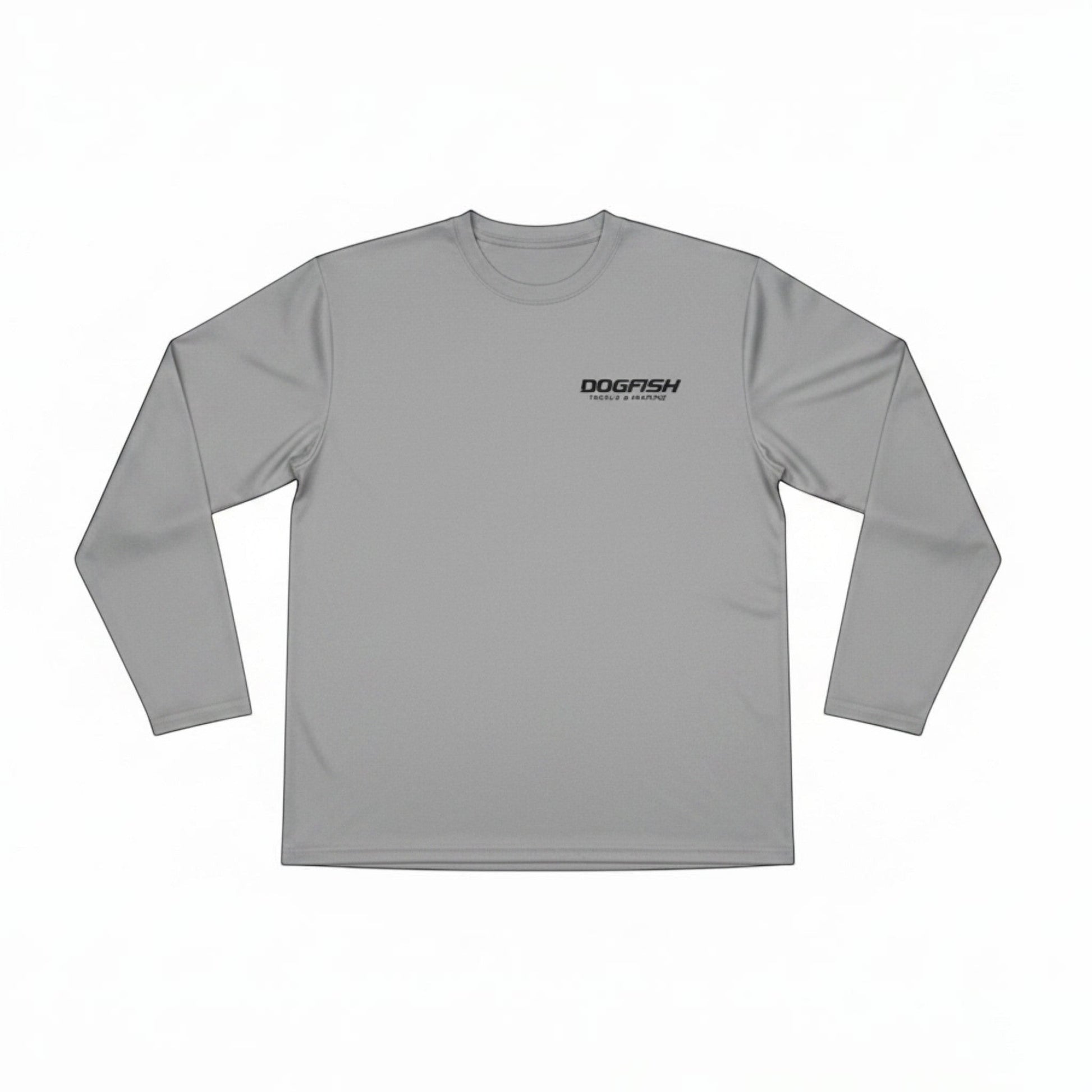Gray long-sleeve shirt with a logo on a white background