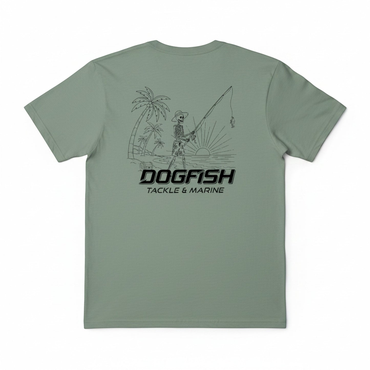 Green t-shirt with a graphic design and 'Dogfish Tackle & Marine' text on a white background