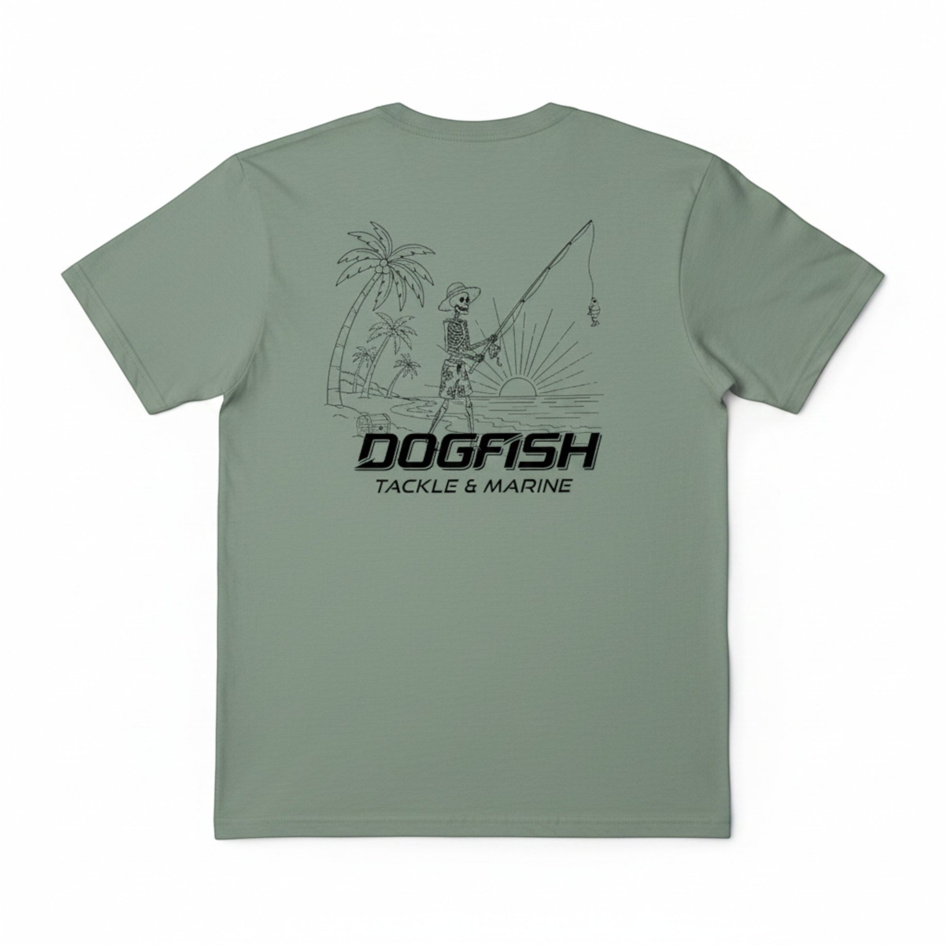 Green t-shirt with a graphic design and 'Dogfish Tackle & Marine' text on a white background