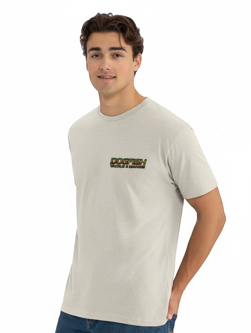 Man wearing a beige t-shirt with a logo on a white background