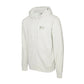 An off-white zip-up hoodie with a small green and white logo on the left chest, displayed on a clean white background.