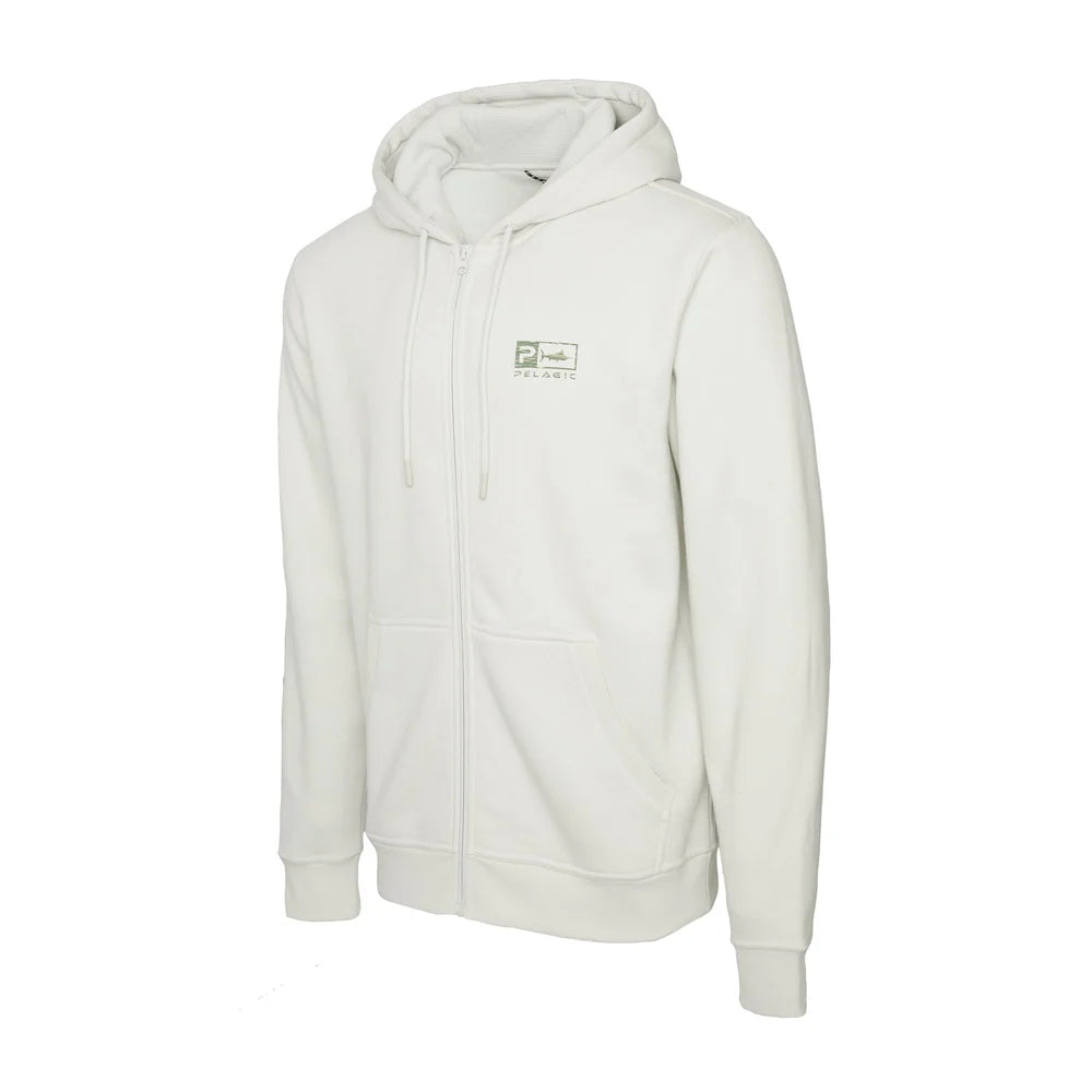 An off-white zip-up hoodie with a small green and white logo on the left chest, displayed on a clean white background.
