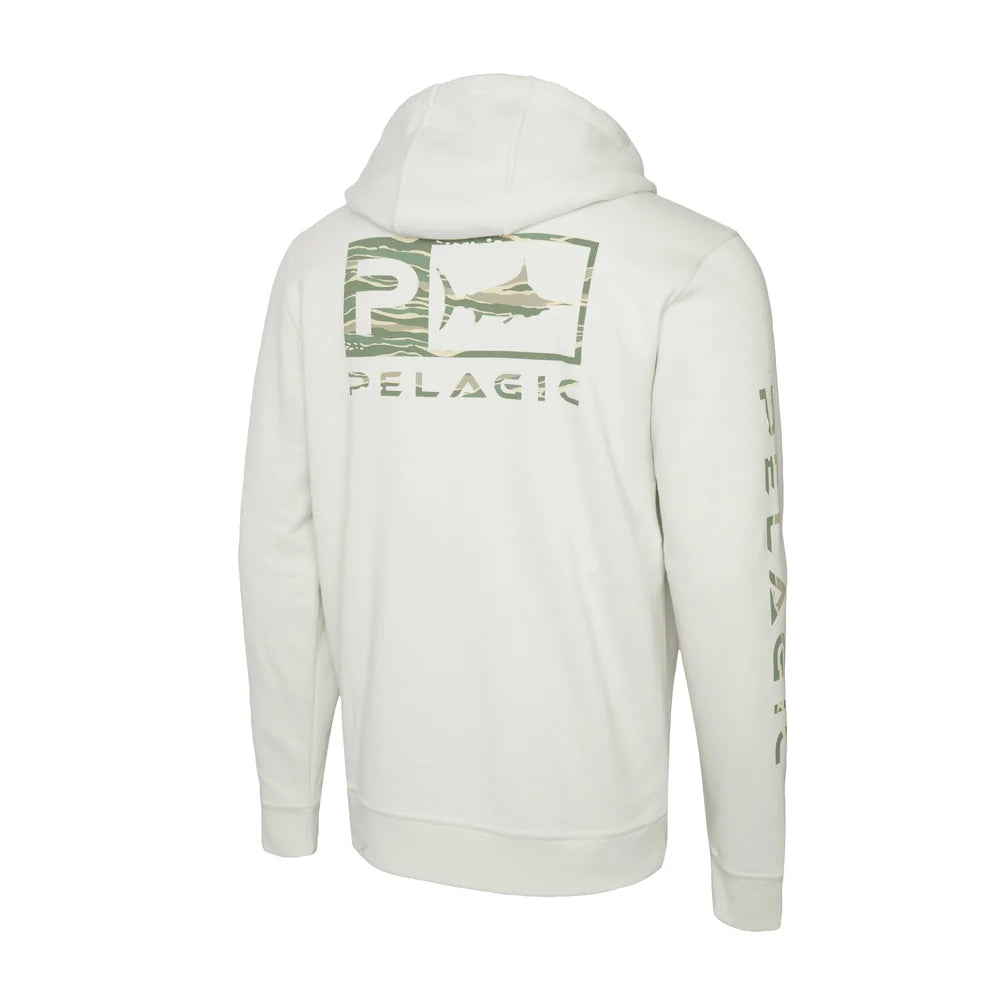 An off-white hooded sweatshirt shown from the back, featuring a green and gray Pelagic logo with a marlin graphic on the upper back and 'PELAGIC' printed down the left sleeve.