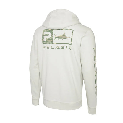 An off-white hooded sweatshirt shown from the back, featuring a green and gray Pelagic logo with a marlin graphic on the upper back and 'PELAGIC' printed down the left sleeve.