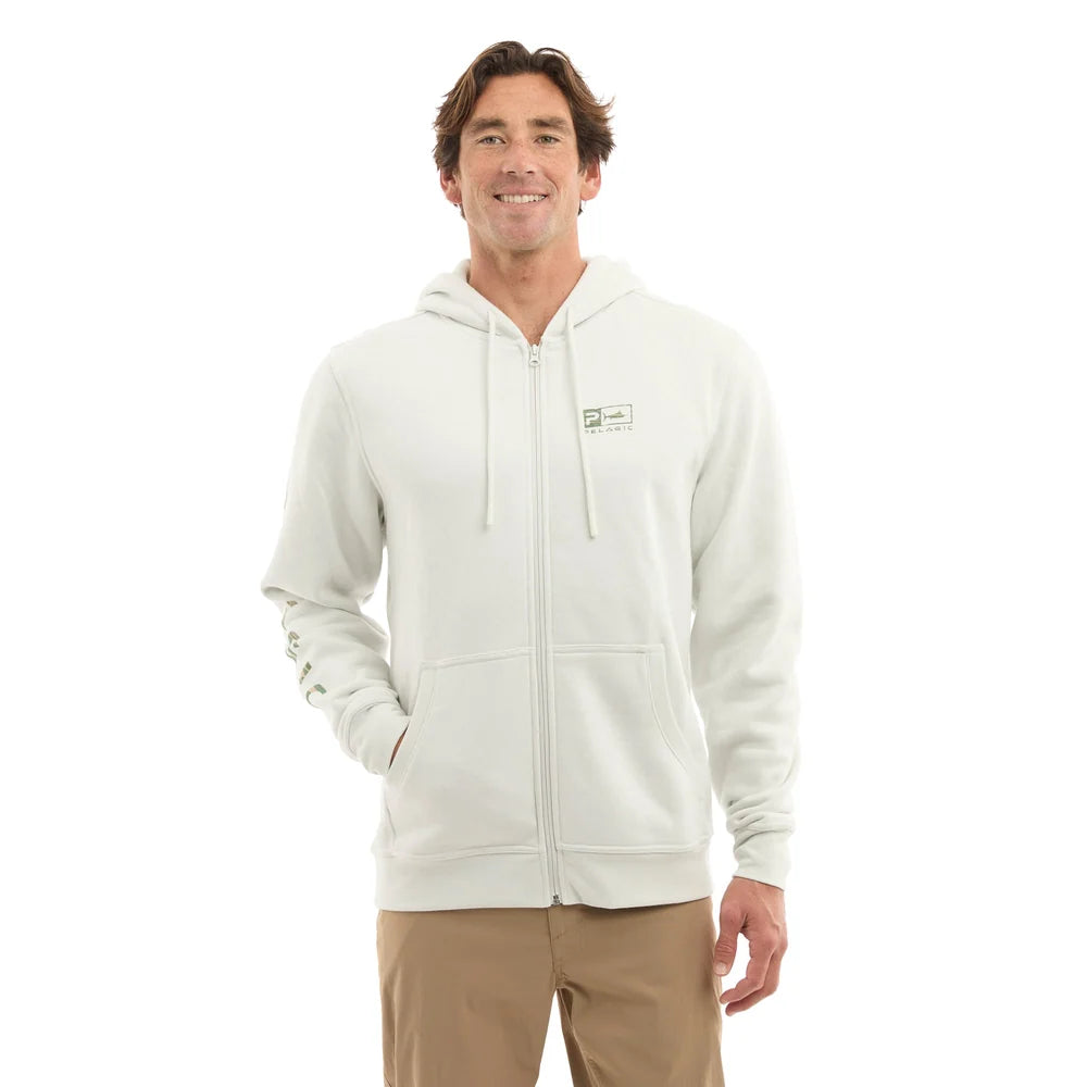 Man wearing a white hoodie with a logo on a white background