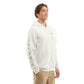 Man wearing a white hoodie with text on the sleeve against a white background