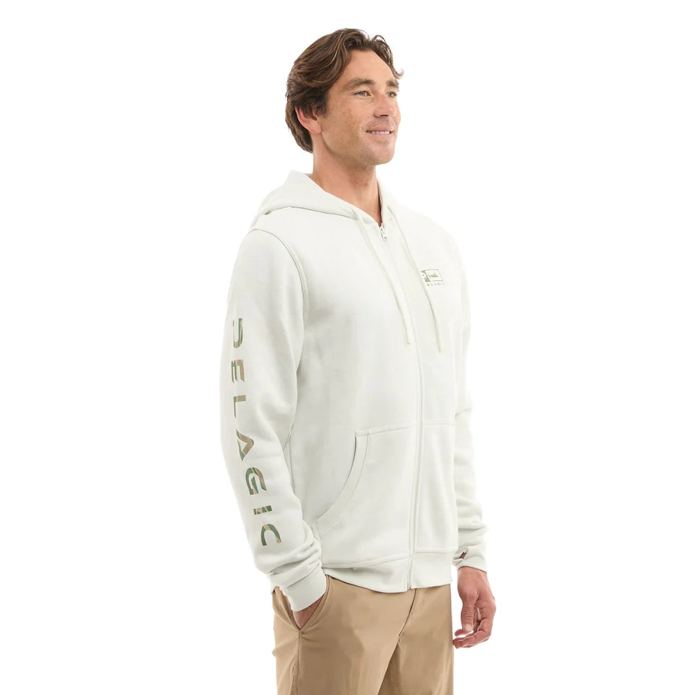 Man wearing a white hoodie with text on the sleeve against a white background