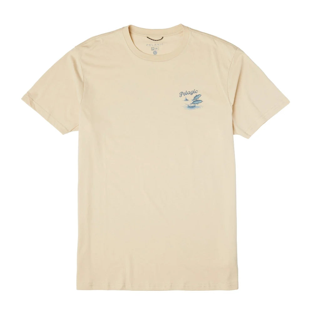A light beige crewneck t-shirt with a small blue graphic on the left chest featuring the word 'Pralude' and a bird, displayed on a solid white background.