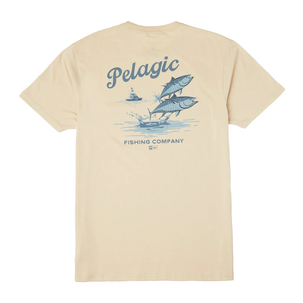 A beige short-sleeve t-shirt showing the back graphic print with two jumping blue tuna fish, a boat, and the text 'Pelagic FISHING COMPANY'.