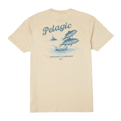A beige short-sleeve t-shirt showing the back graphic print with two jumping blue tuna fish, a boat, and the text 'Pelagic FISHING COMPANY'.