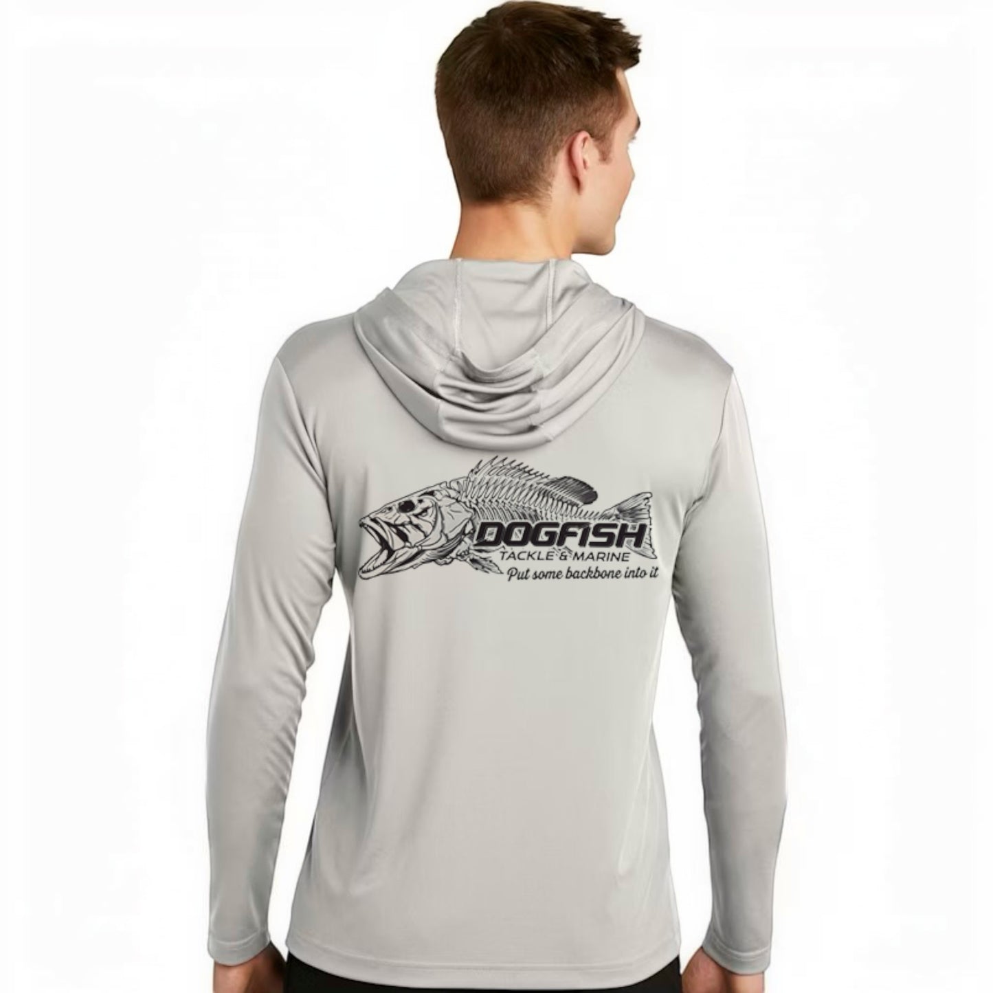 Dogfish Long Sleeve Hooded Micro Put Some Backbone Into It Logo - Dogfish Tackle & Marine