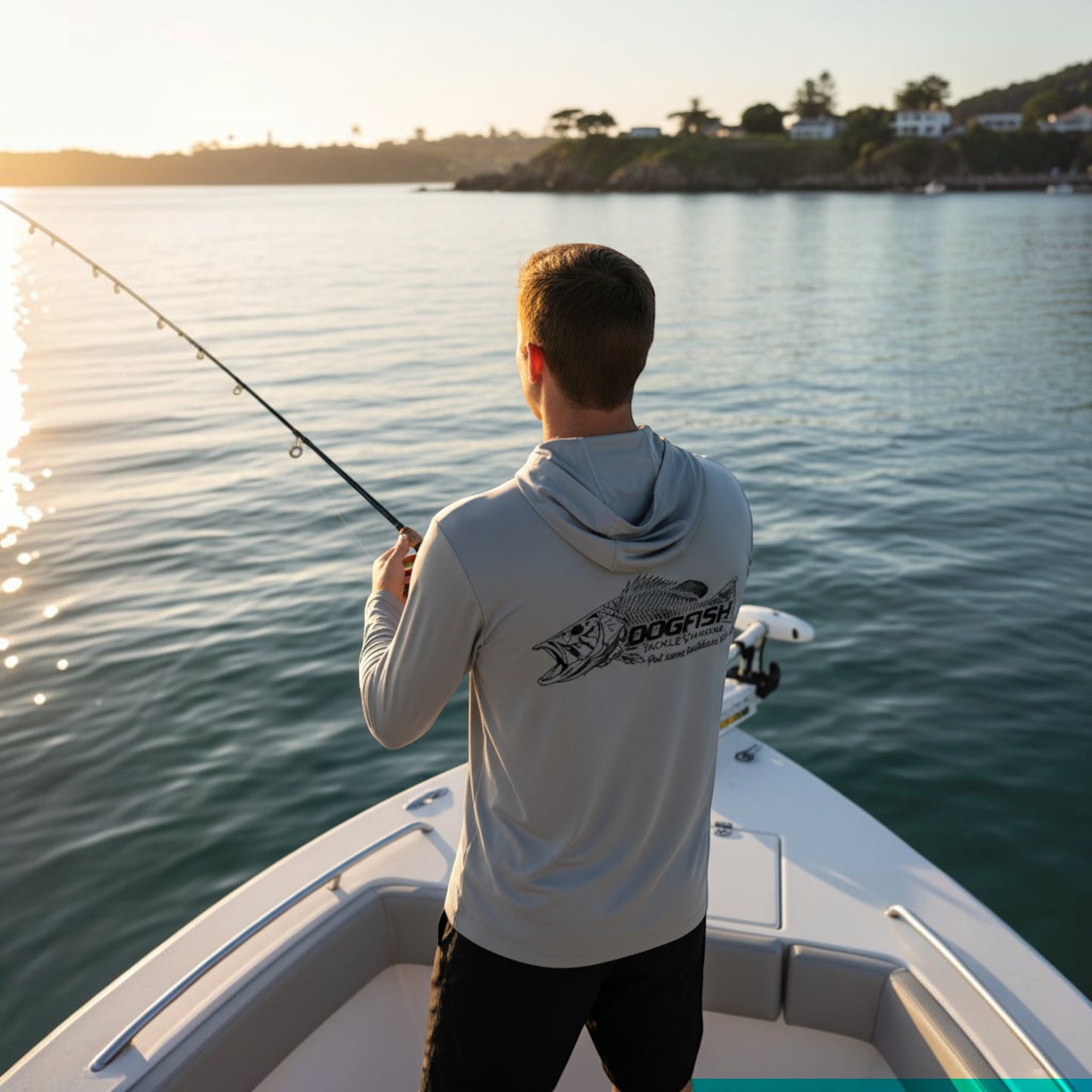 Man fishing on a boat by a body of water during sunset.