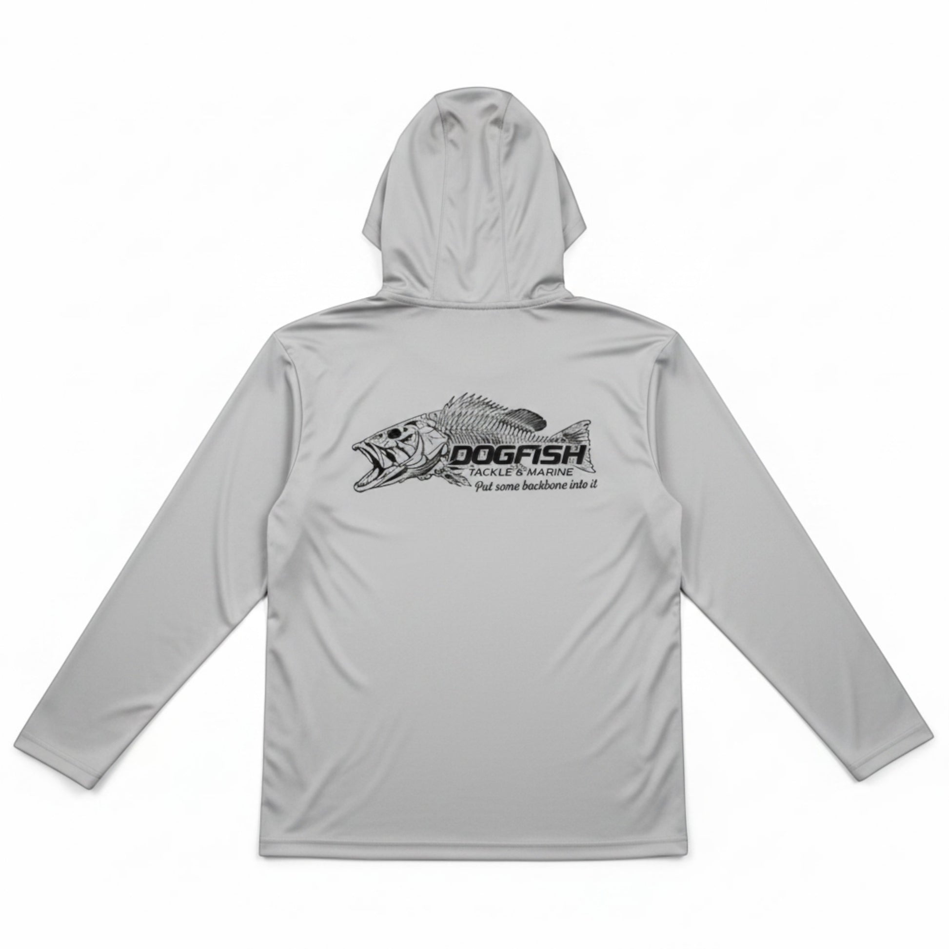 Gray hoodie with a fish graphic and 'Dogfish' branding on a white background