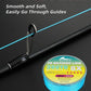 A spool of bright blue braided fishing line shown beside a black fishing rod on a dark background, with large text reading 'THIN DIAMETER' and smaller text describing the line as smooth, soft, and easily go through guides.