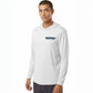 Man wearing a white hoodie with a logo on a white background