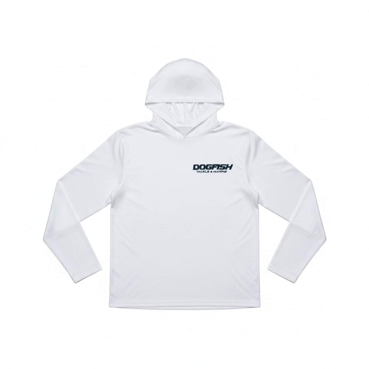 White hoodie with a logo on the chest against a white background
