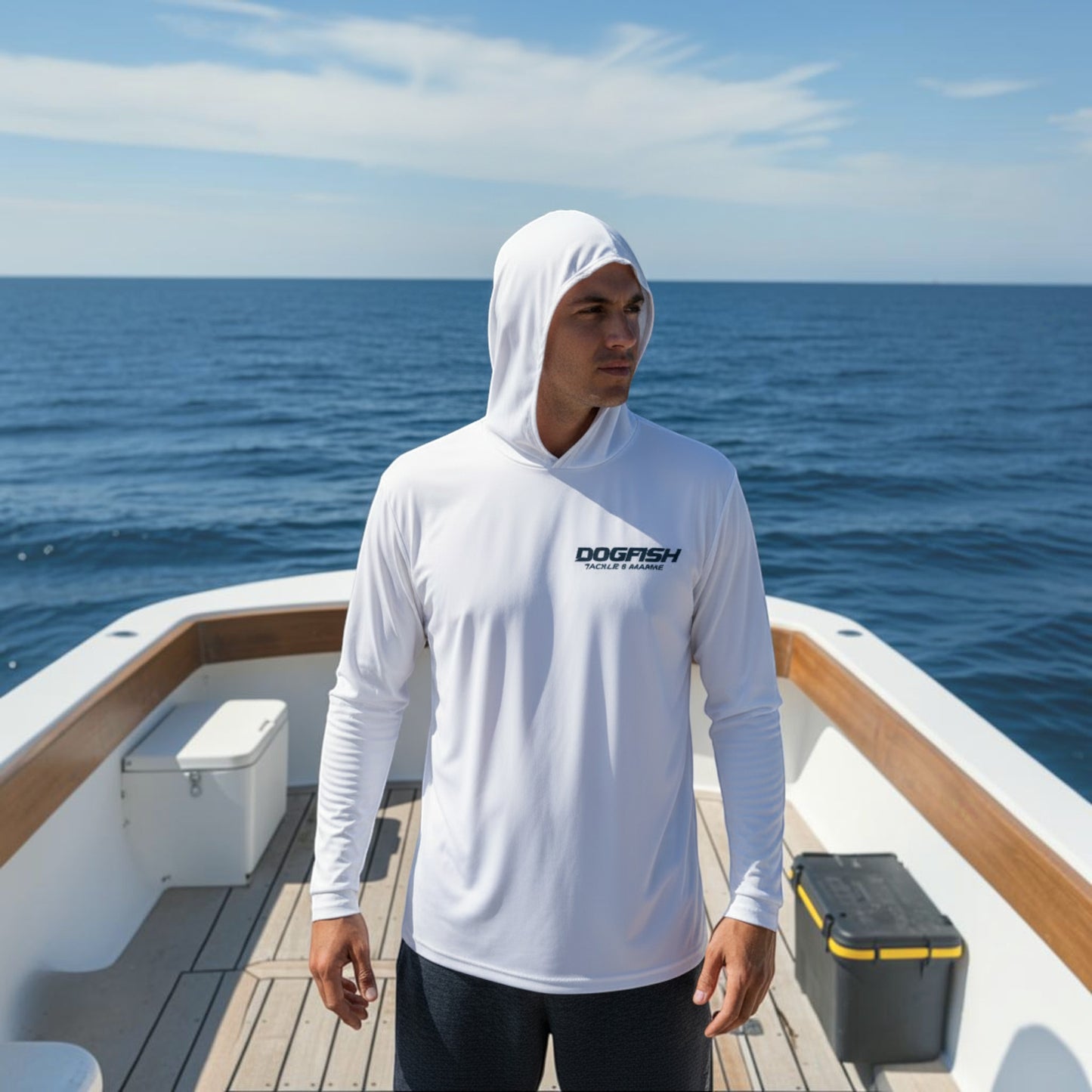Person wearing a white hoodie with 'Dogfish' branding on a boat deck with ocean in the background