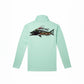 Light blue hoodie with a fish graphic on the back against a white background