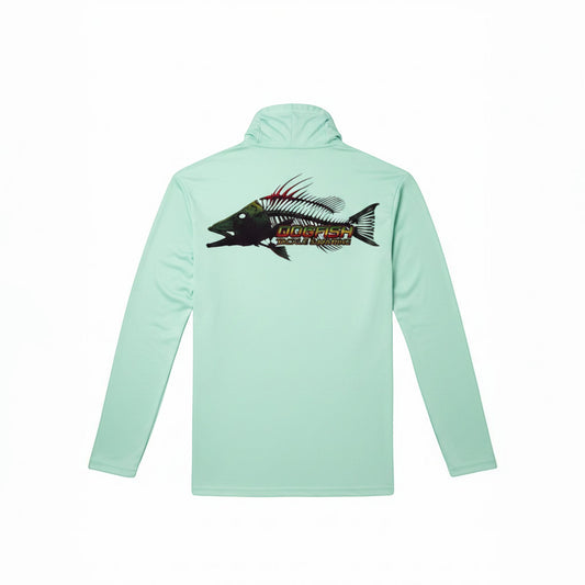 Light blue hoodie with a fish graphic on the back against a white background