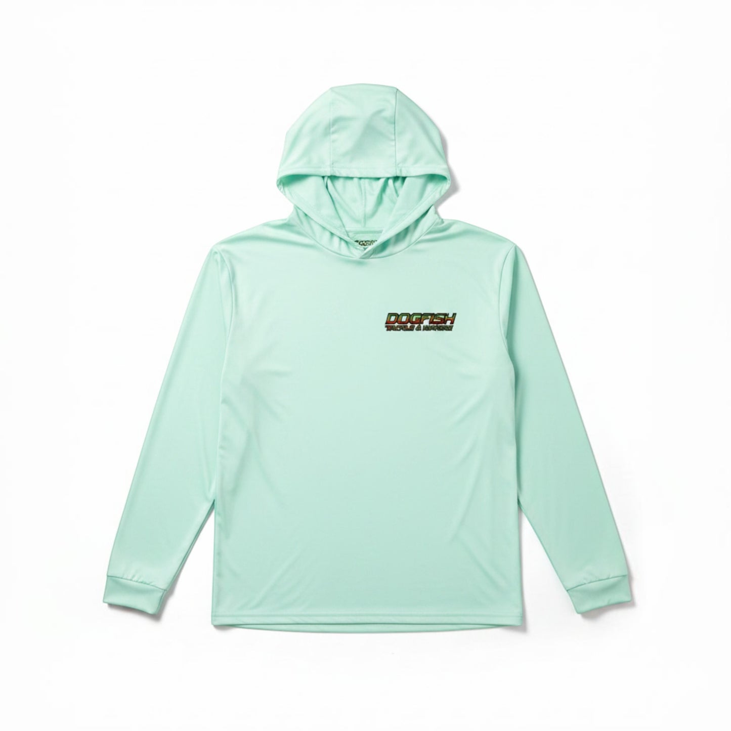 Mint green long-sleeve shirt with a logo on a mannequin against a white background