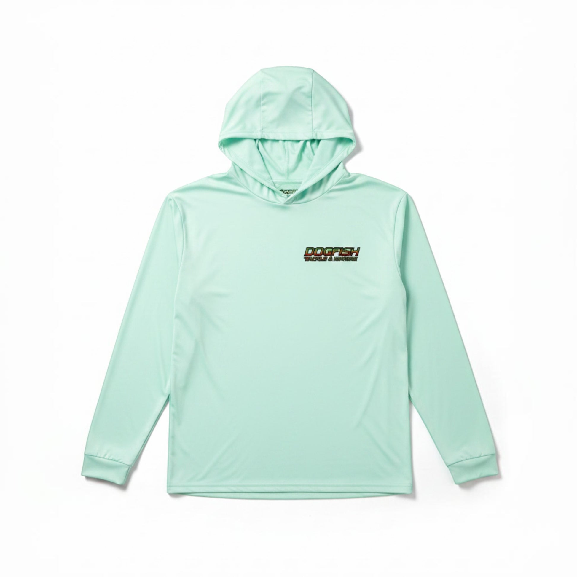 Mint green long-sleeve shirt with a logo on a mannequin against a white background