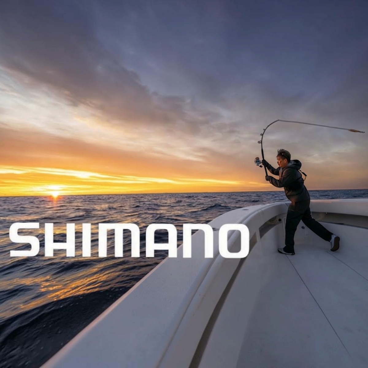 Angler fishing from a boat at sunset with a Shimano rod and reel, featured by Dogfish Tackle & Marine