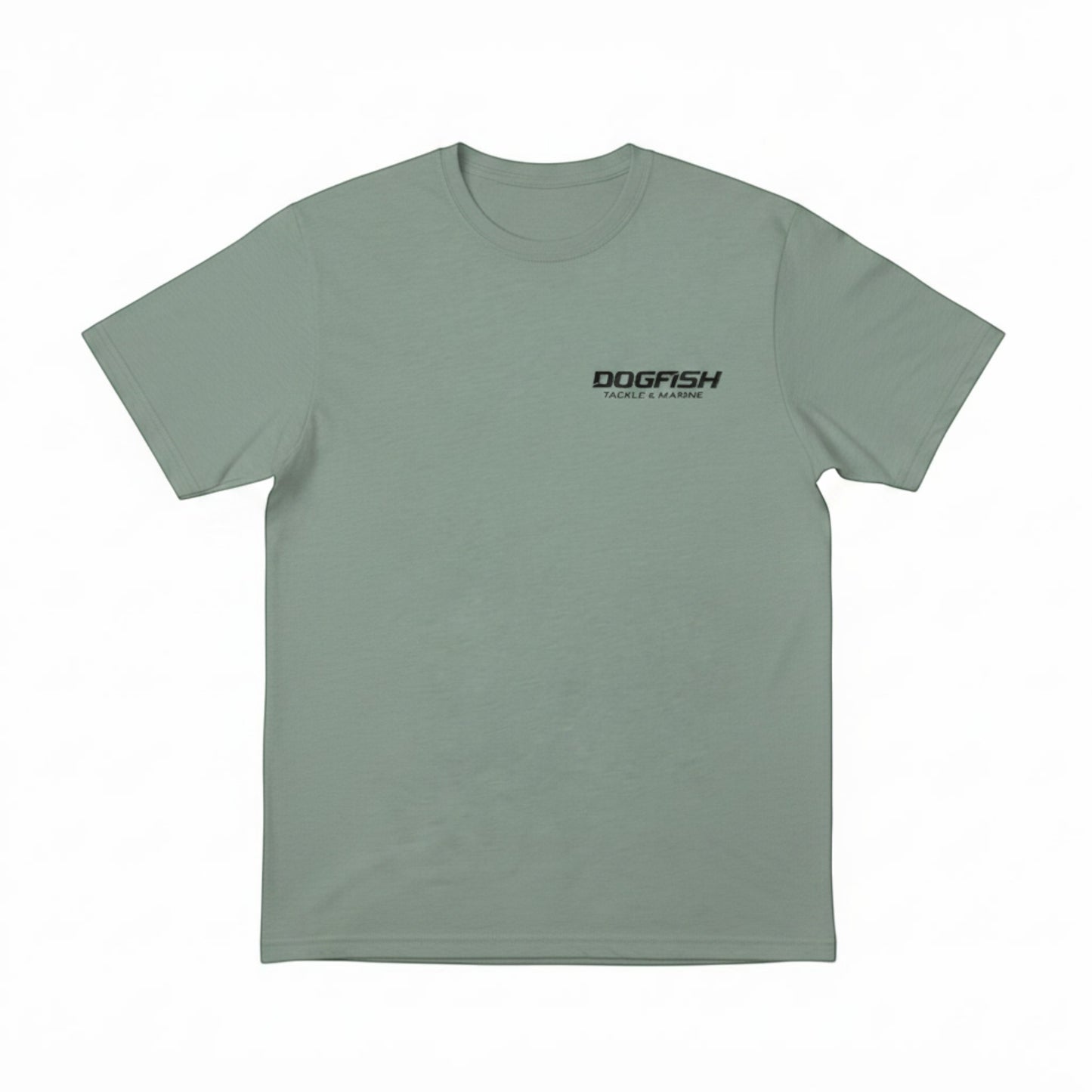 Green t-shirt with 'Dogfish' logo on a white background