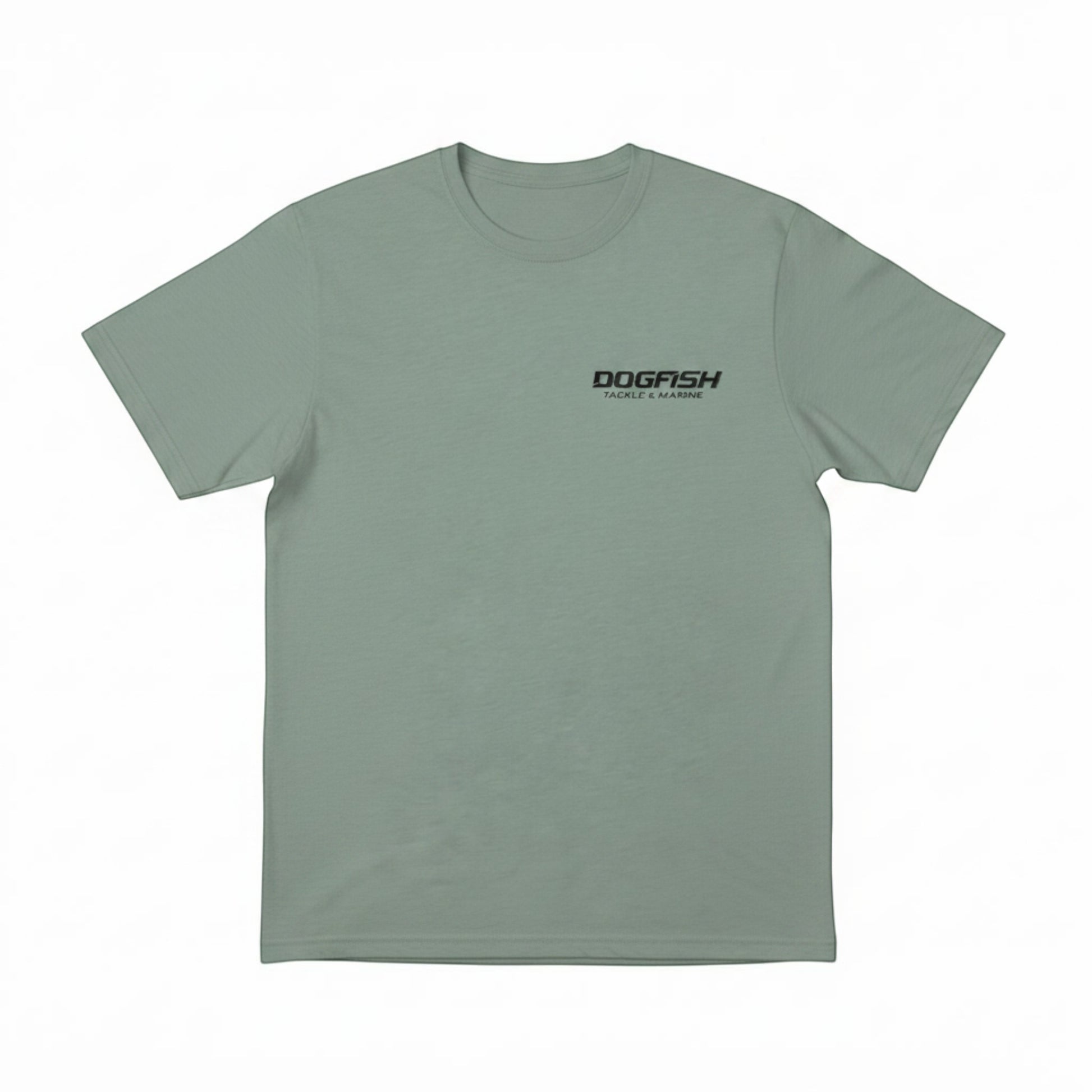 Green t-shirt with 'Dogfish' logo on a white background