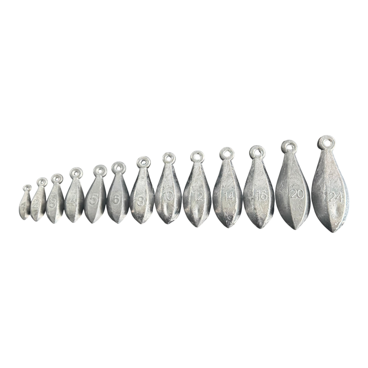 Dogfish Tackle & Marine bank sinker fishing weights in various sizes from 1 to 24 ounces on a dark wooden surface.