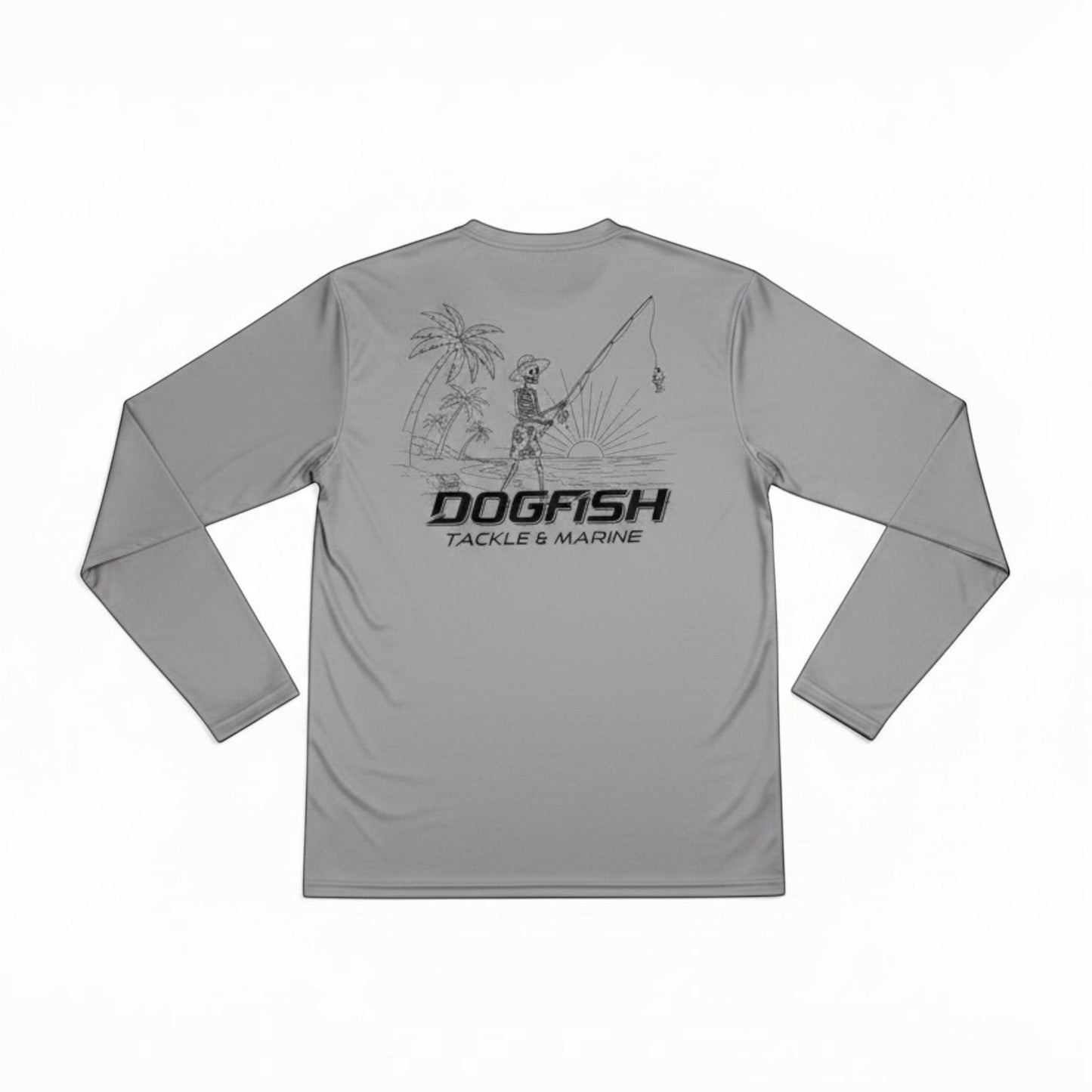 Gray long-sleeve shirt with 'Dogfish Tackle & Marine' logo on a white background