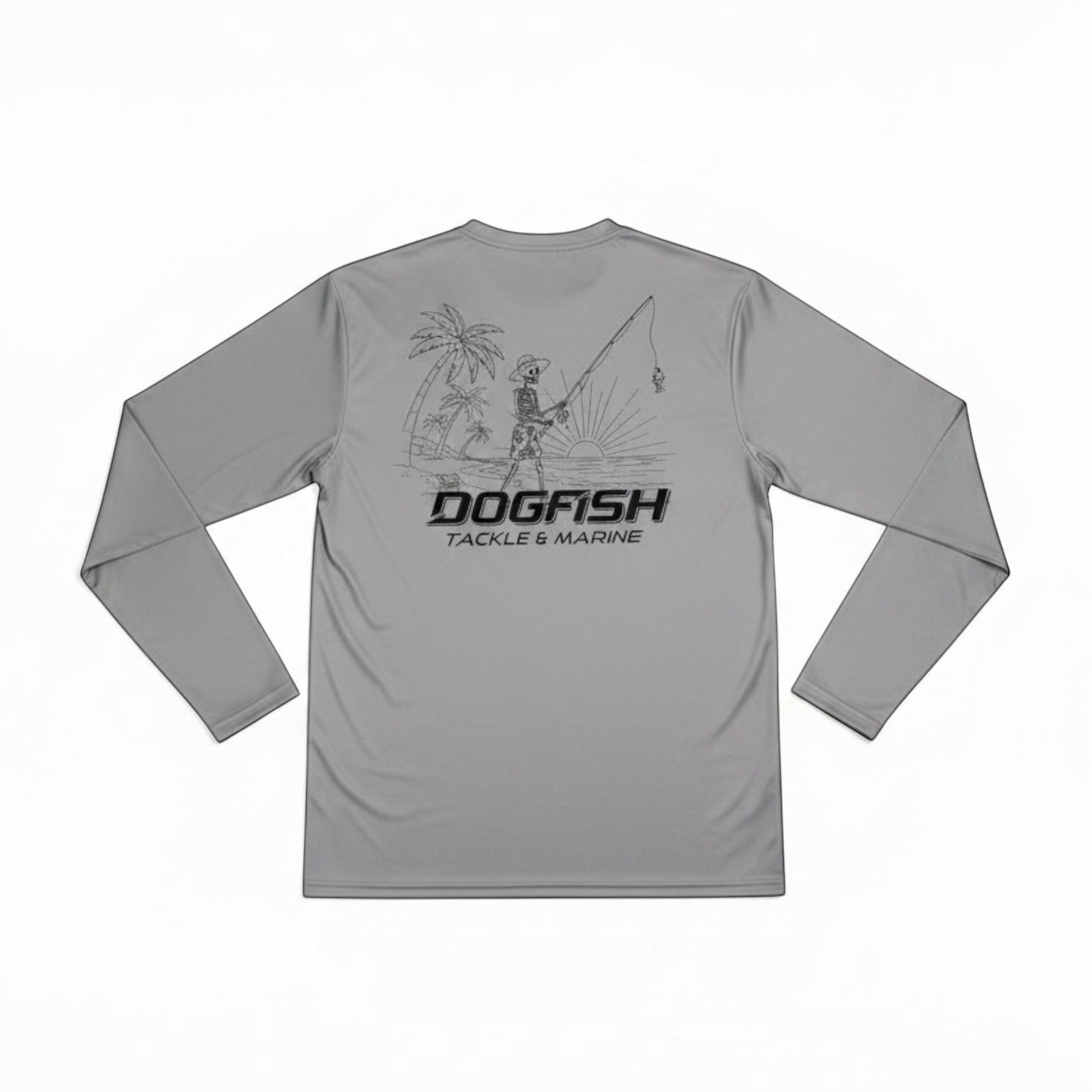 Gray long-sleeve shirt with 'Dogfish Tackle & Marine' logo on a white background