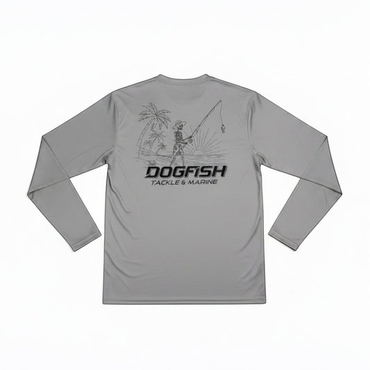 Gray long-sleeve shirt with 'Dogfish Tackle & Marine' logo on a white background