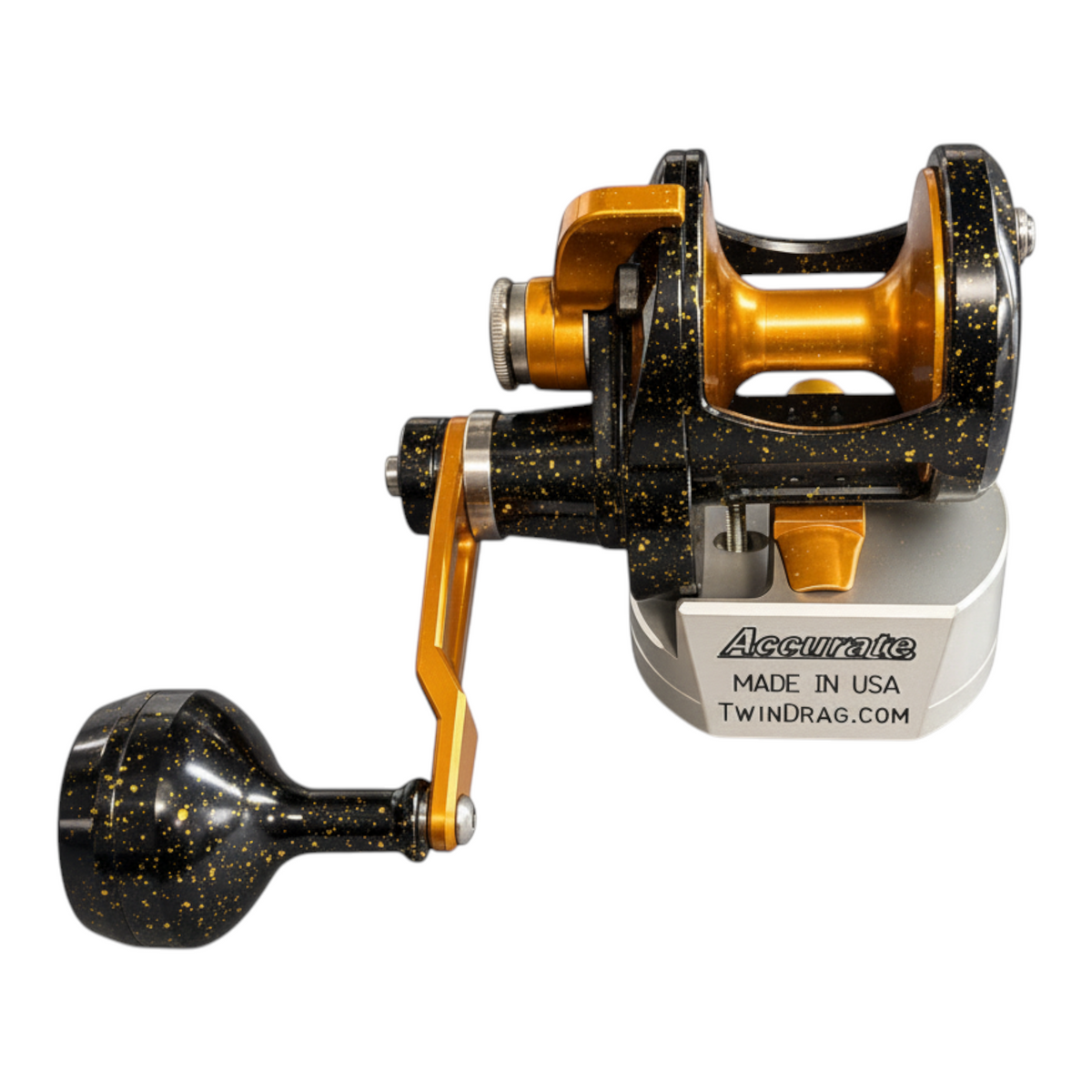 Dogfish Tackle & Marine Accurate Valiant 2 conventional fishing reel in black and gold finish with power handle.