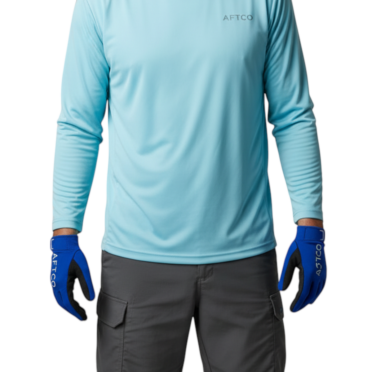 Dogfish Tackle & Marine Aftco blue utility fishing gloves with Ax Suede grip palms worn by a person in a light blue top