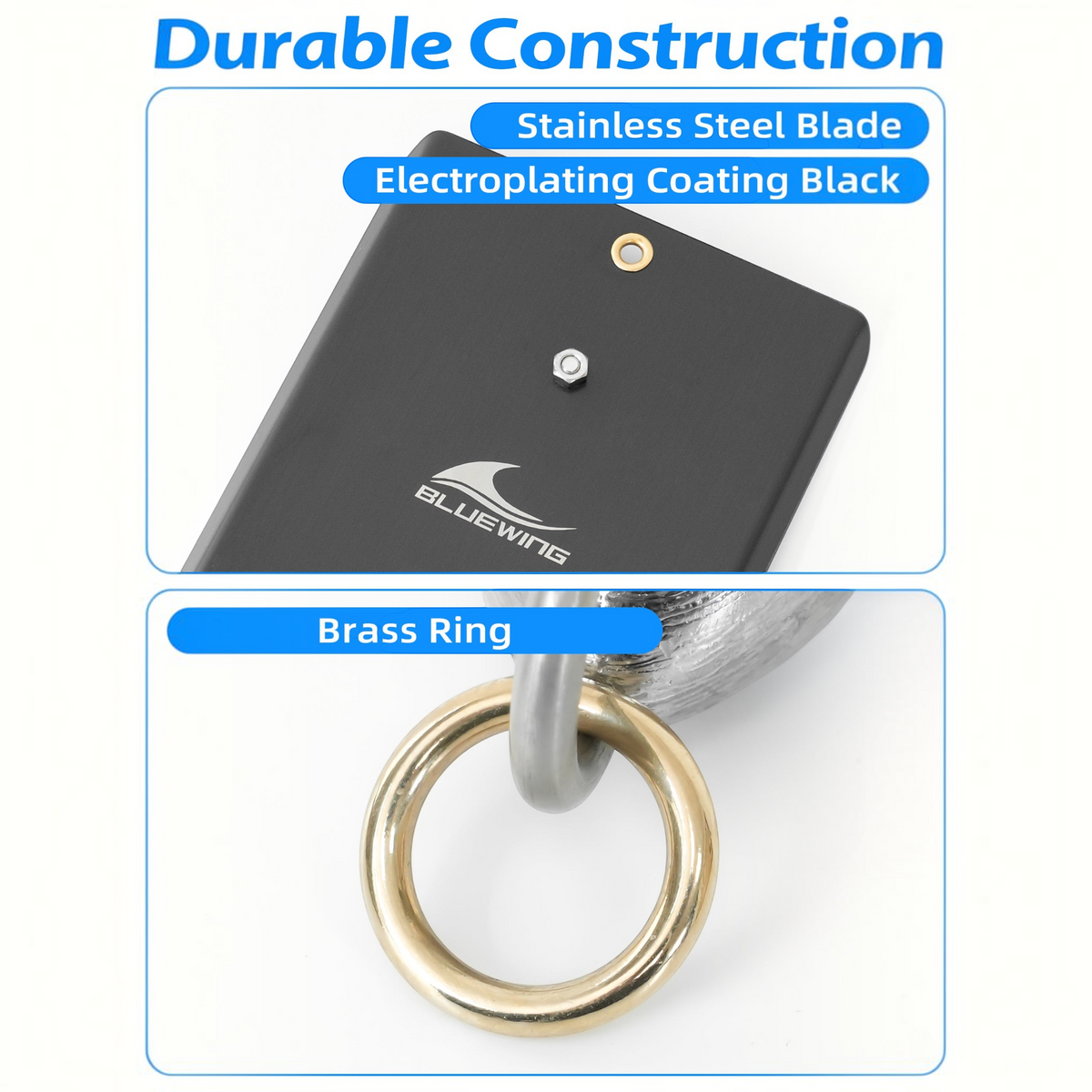 Dogfish Tackle & Marine Bluewing fishing planer featuring a black stainless steel blade and a durable brass ring.