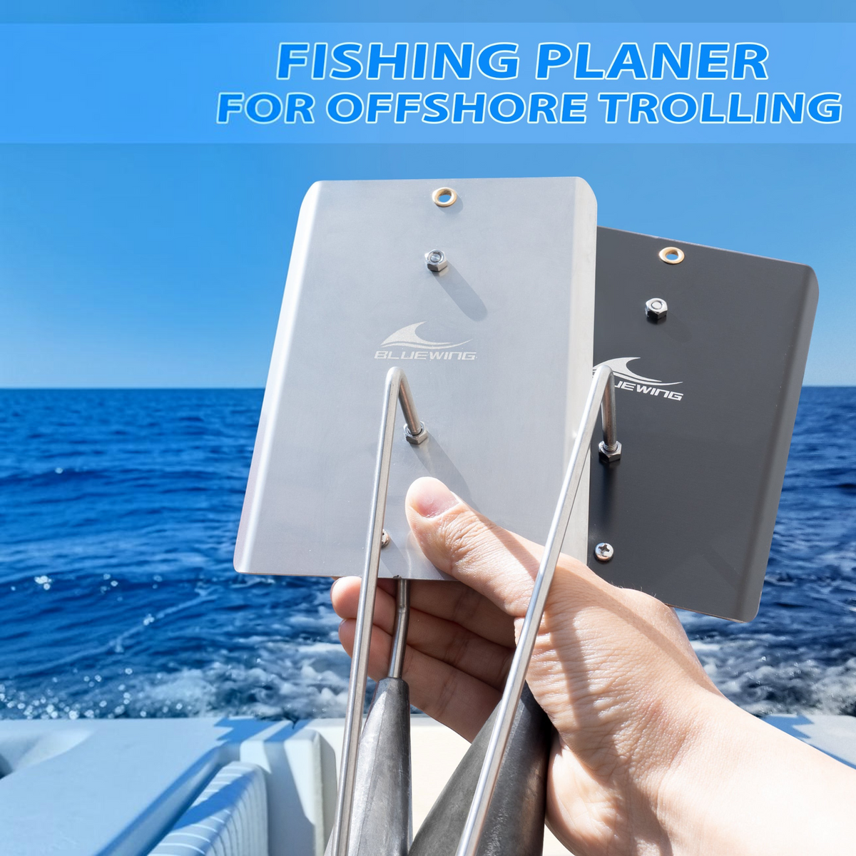 Dogfish Tackle & Marine Bluewing stainless steel fishing planers held against a blue ocean background.
