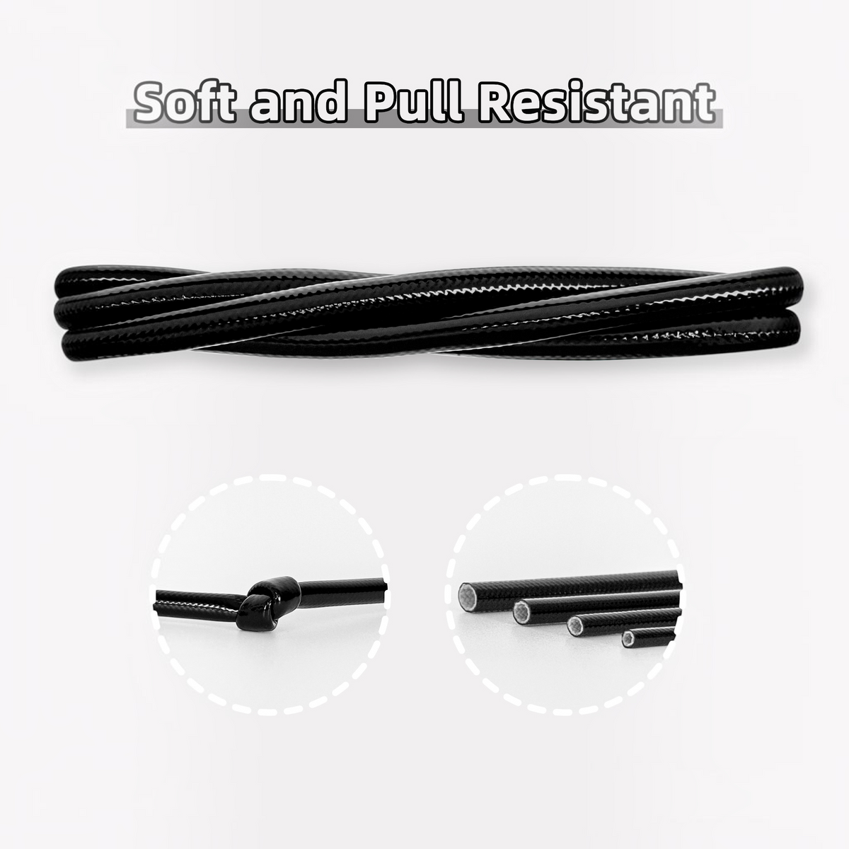 Dogfish Tackle & Marine black silicone fiberglass chafe guard showing flexibility and cross-section detail