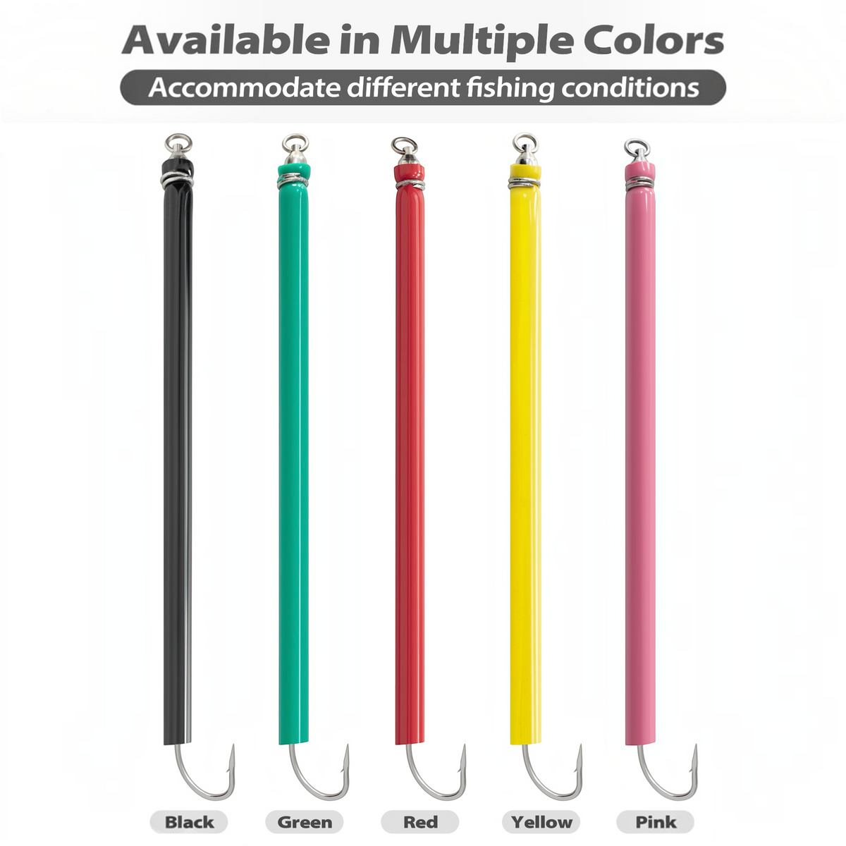 Dogfish Tackle & Marine Bluewing trolling tube fishing lures in black, green, red, yellow, and pink with 8/0 hooks.