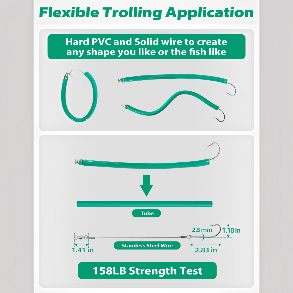 Dogfish Tackle & Marine green trolling tube lure with stainless steel wire and sharp O'Shaughnessy hook for fishing