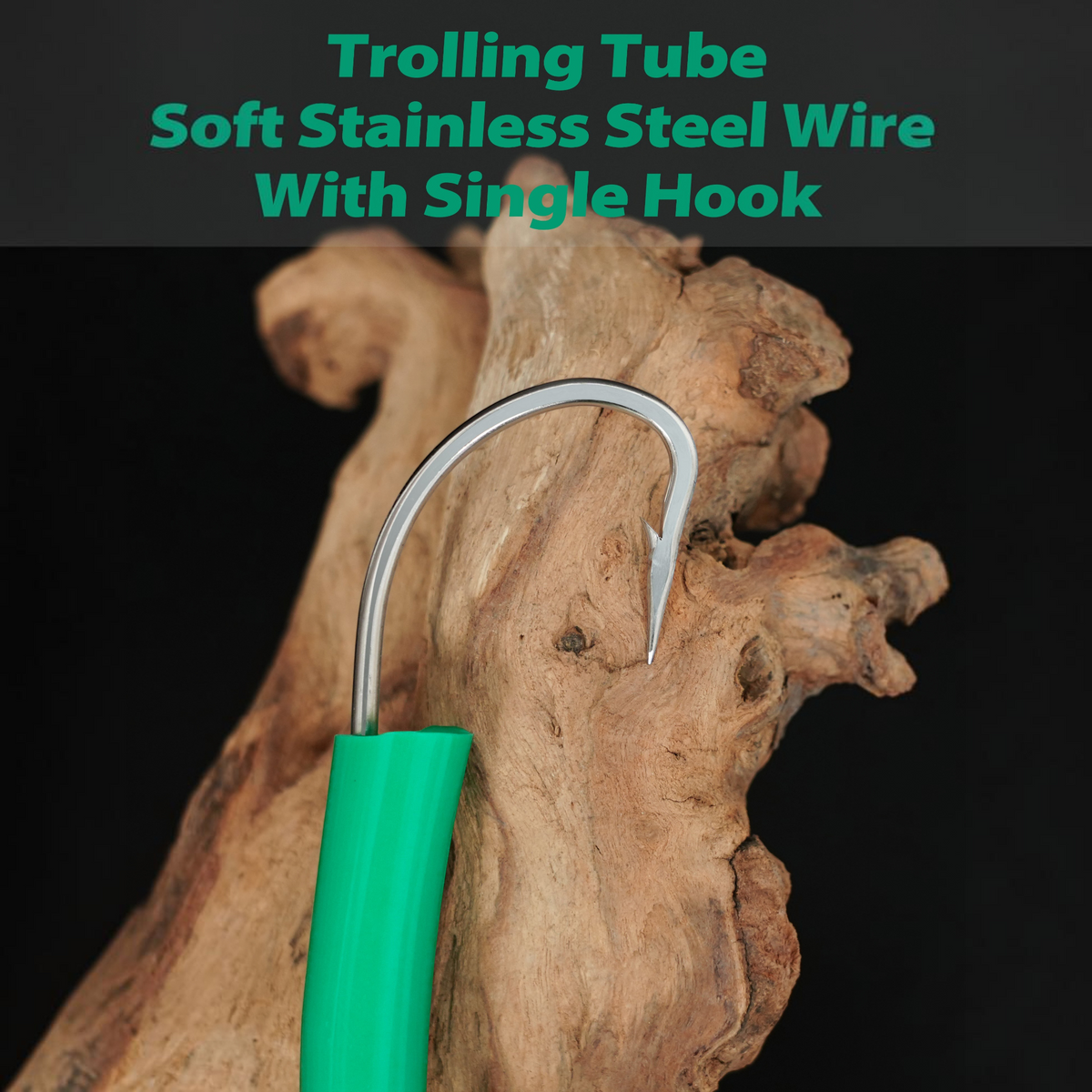 Dogfish Tackle & Marine green trolling tube fishing lure with a sharp stainless steel O'Shaughnessy hook